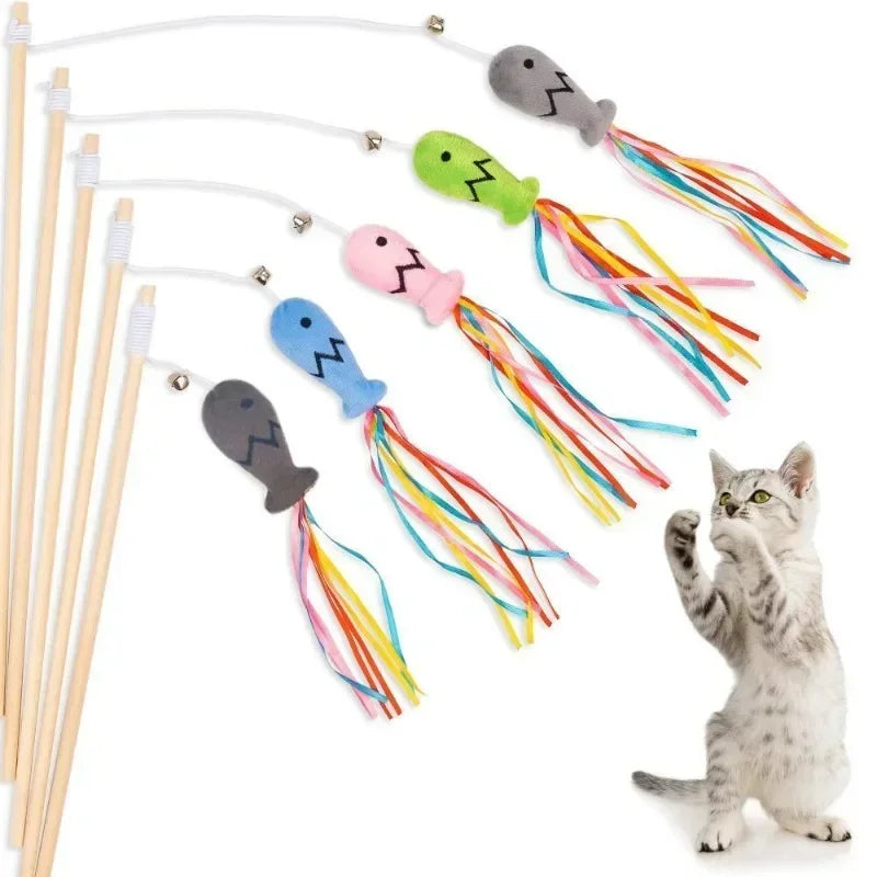 Fashion Cat Wand Toy, Natural Wooden Cat Teaser Wand for Cat, Interactive Elastic String Cat Stick Pole Toy for Indoor Cats