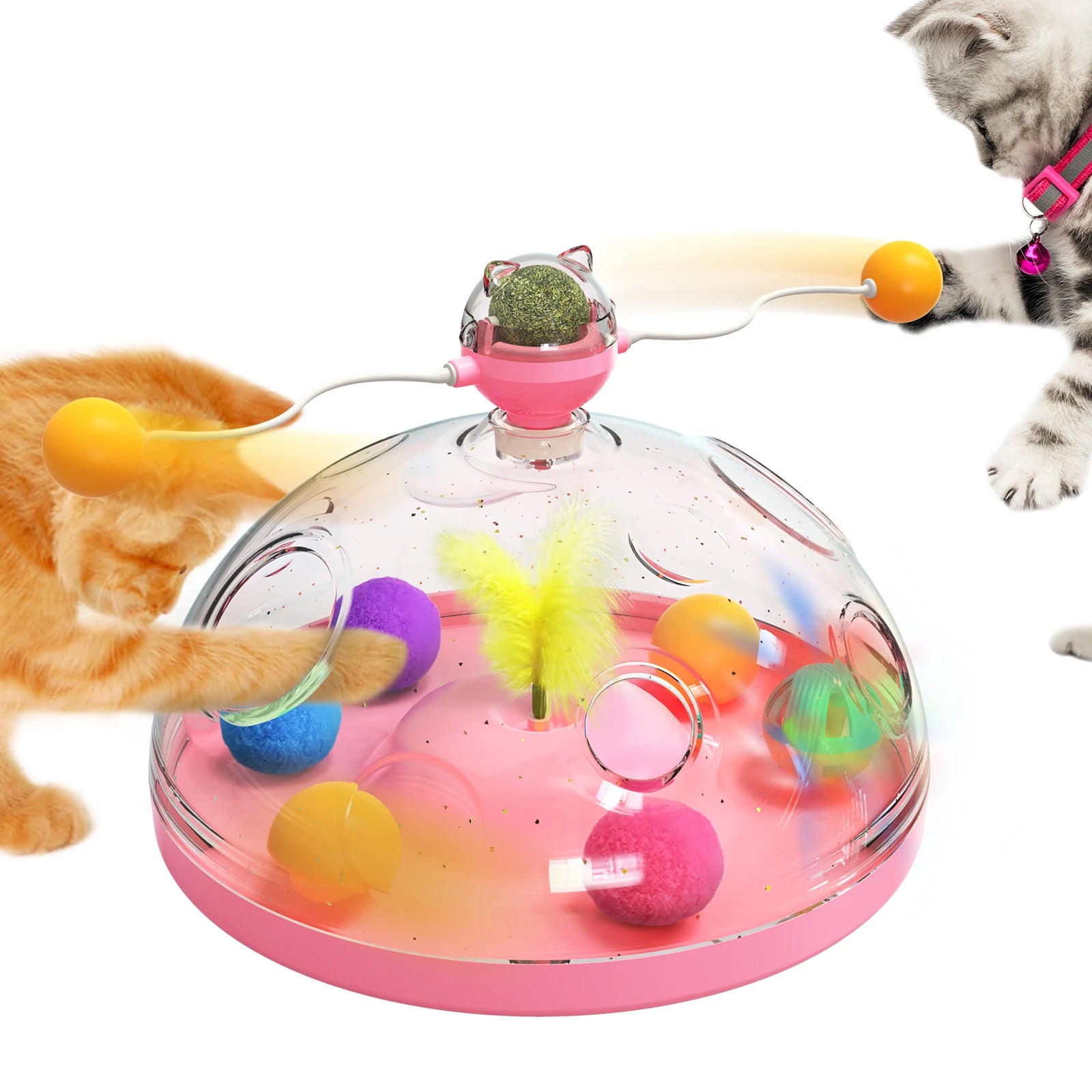 Cat Puzzle Toys Indoor for Kitten Interactive Games Spinning Track Balls & Feather Teaser Toy Stimulation Brain Treasure Chest