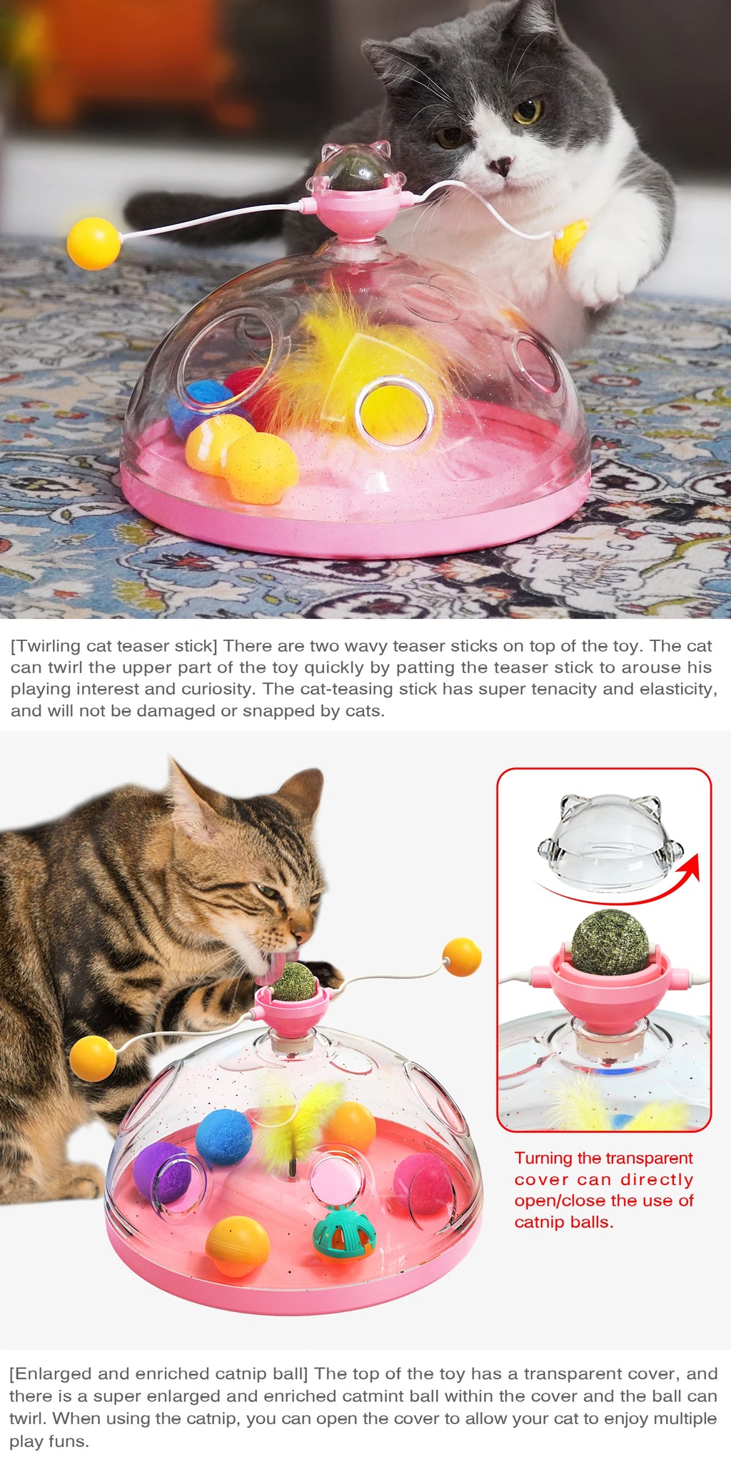 Cat Puzzle Toys Indoor for Kitten Interactive Games Spinning Track Balls & Feather Teaser Toy Stimulation Brain Treasure Chest