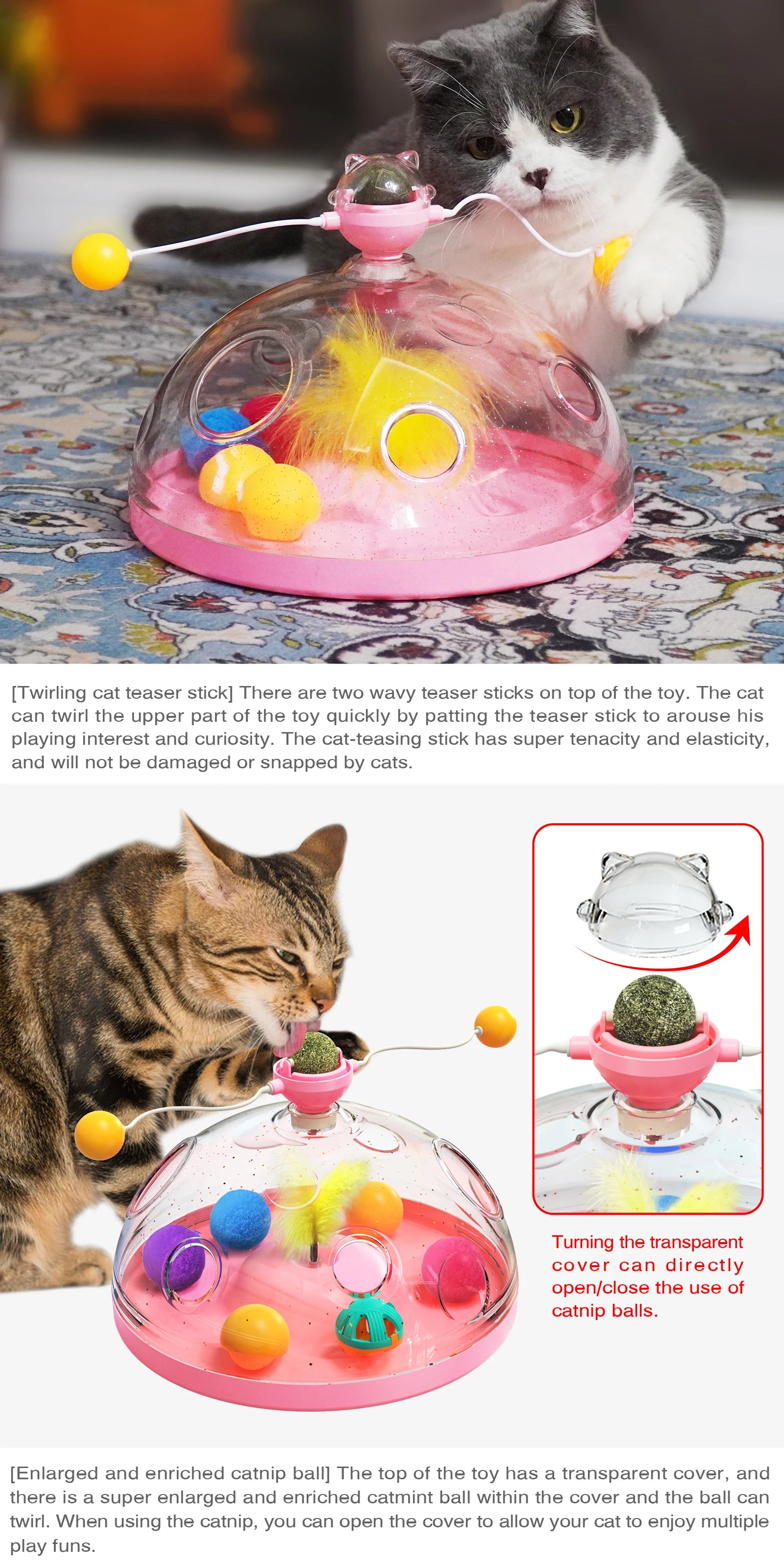 Cat Puzzle Toys Indoor for Kitten Interactive Games Spinning Track Balls & Feather Teaser Toy Stimulation Brain Treasure Chest