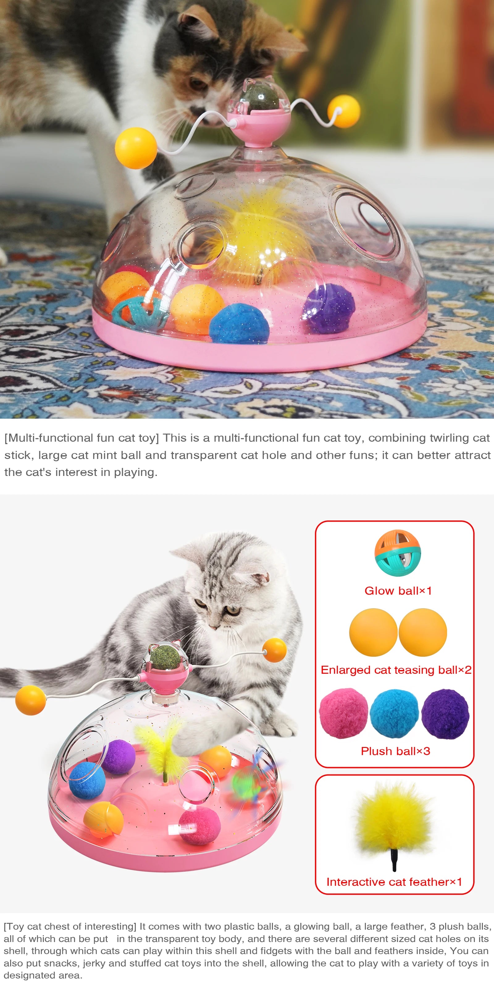 Cat Puzzle Toys Indoor for Kitten Interactive Games Spinning Track Balls & Feather Teaser Toy Stimulation Brain Treasure Chest